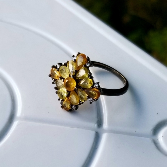 Vintage oxidized sterling silver with yellow and orange sapphires ring - Picture 2 of 16